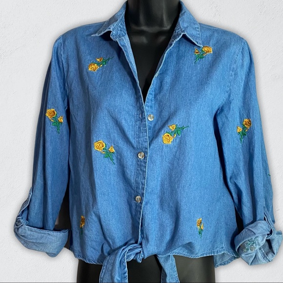 Harper Tops - Harper Heritage Yellow Rose Embroidered Denim Top